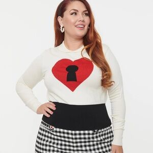 NWT Unique Vintage Ivory Keyhole Red Heart Long Sleeve Valentine's Sweater Sz 3X